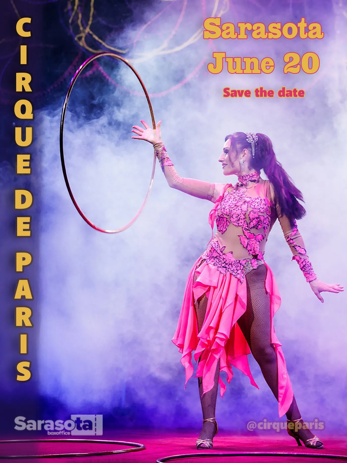 Instagram post: hoop performer in smoke, Sarasota June 20, save the date