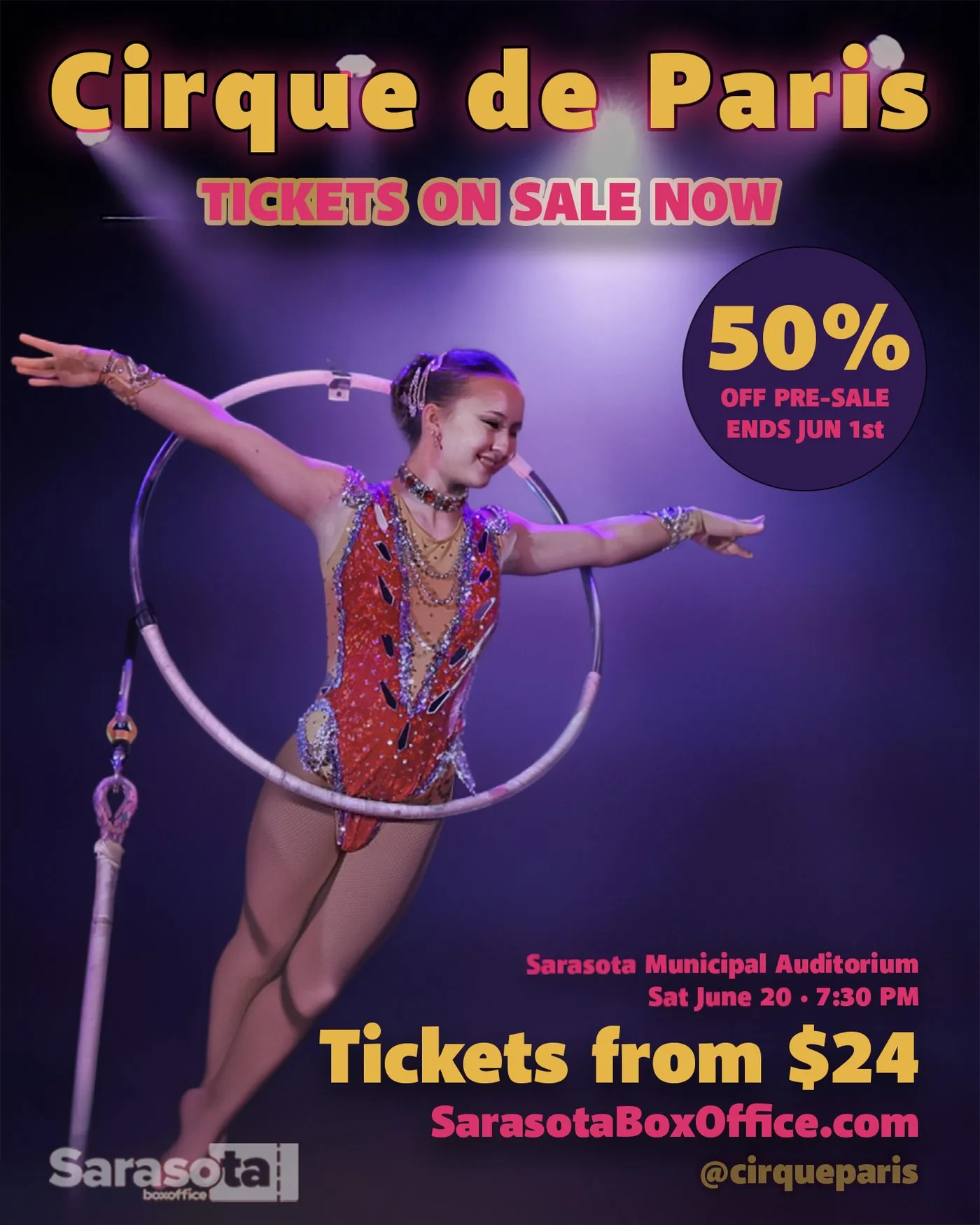 Instagram post: aerial hoop performer, tickets on sale now, 50% off pre-sale, tickets from $24