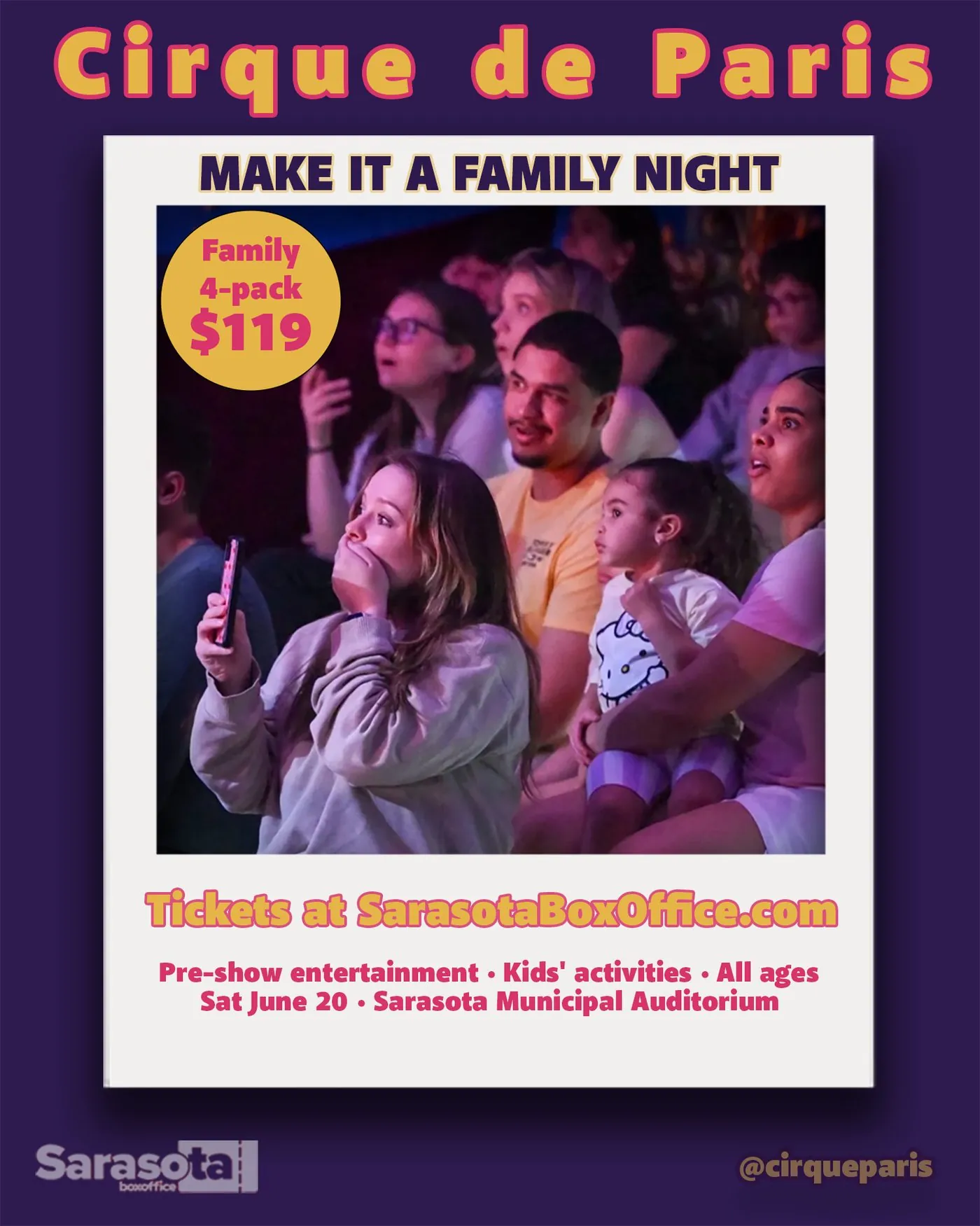 Instagram post: excited family in the audience, family four-pack $119