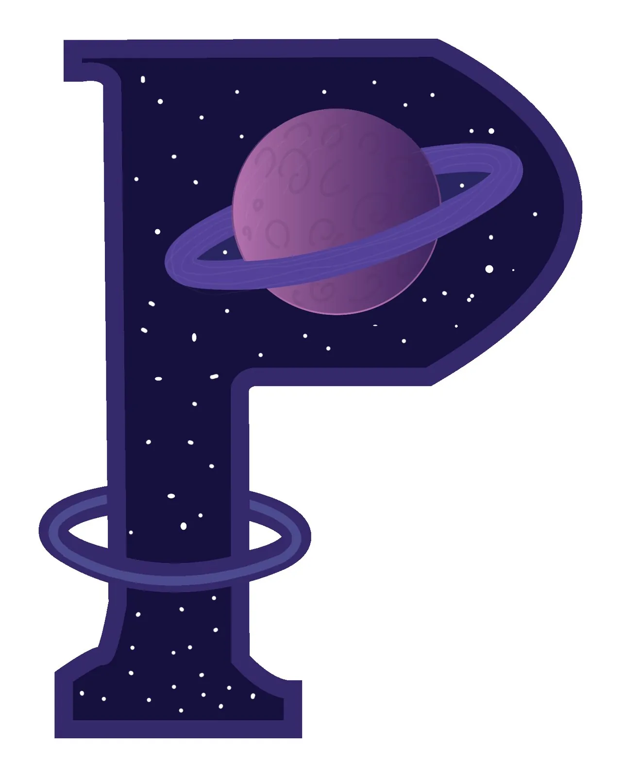 Purple illustrated letter P filled with stars, with a ringed planet in the bowl and a second ring circling the stem
