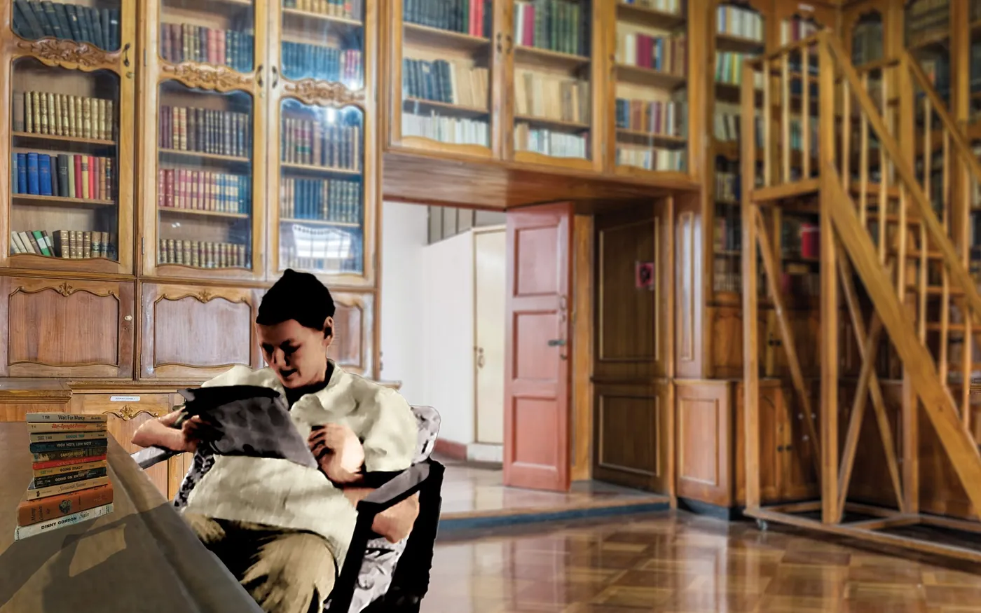 Colorized photo of a woman reading in a chair, composited into a tall wood-paneled library