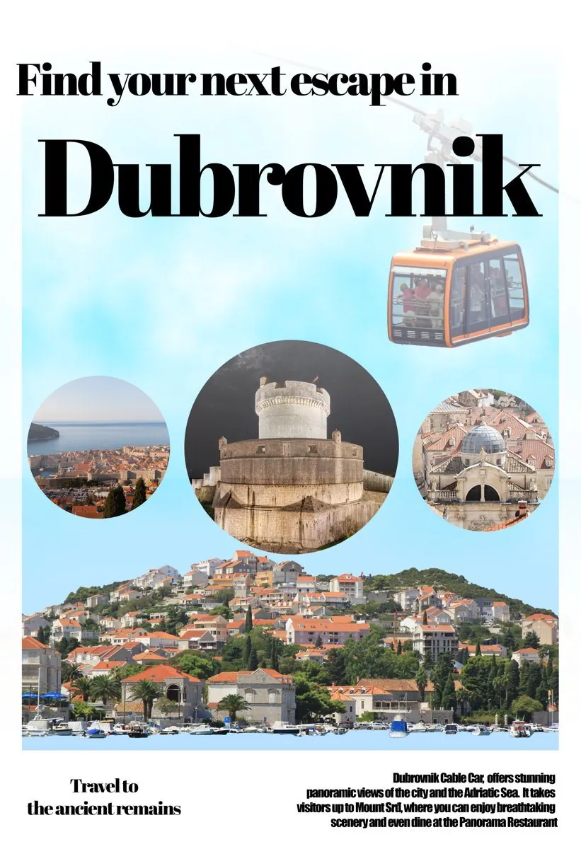 Dubrovnik Travel Poster: Built in Photoshop, with circular photo frames and a cable car (photos: Wikimedia Commons).
