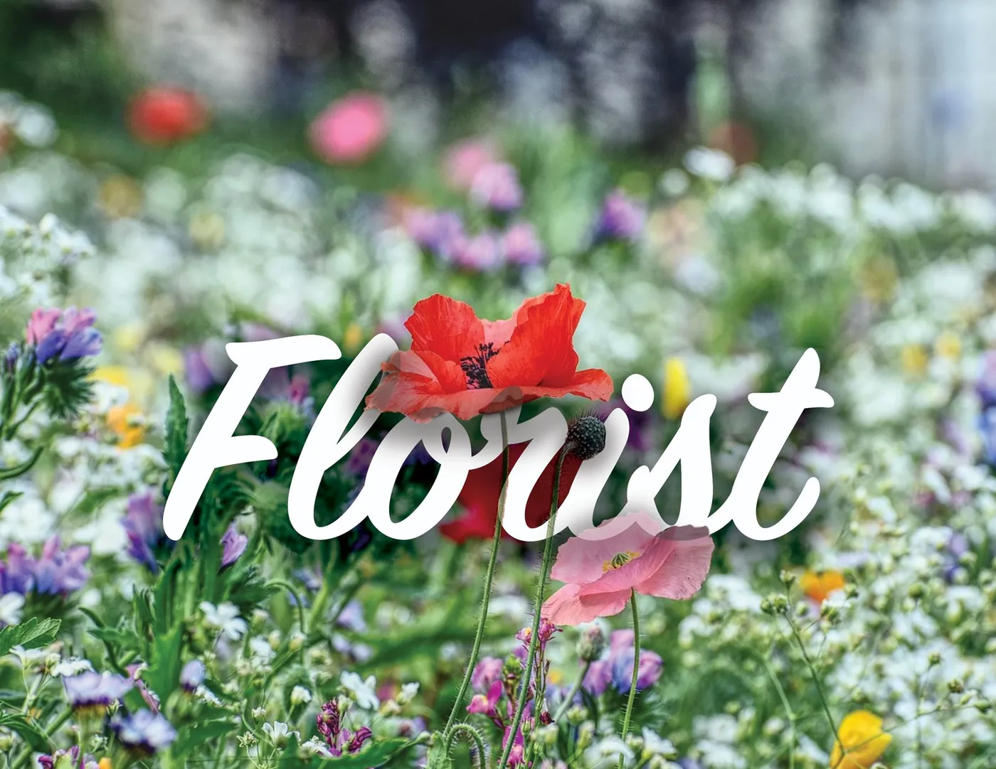 Florist: Script lettering masked into a wildflower field; Photoshop text-mask lesson (source photo supplied by the course).