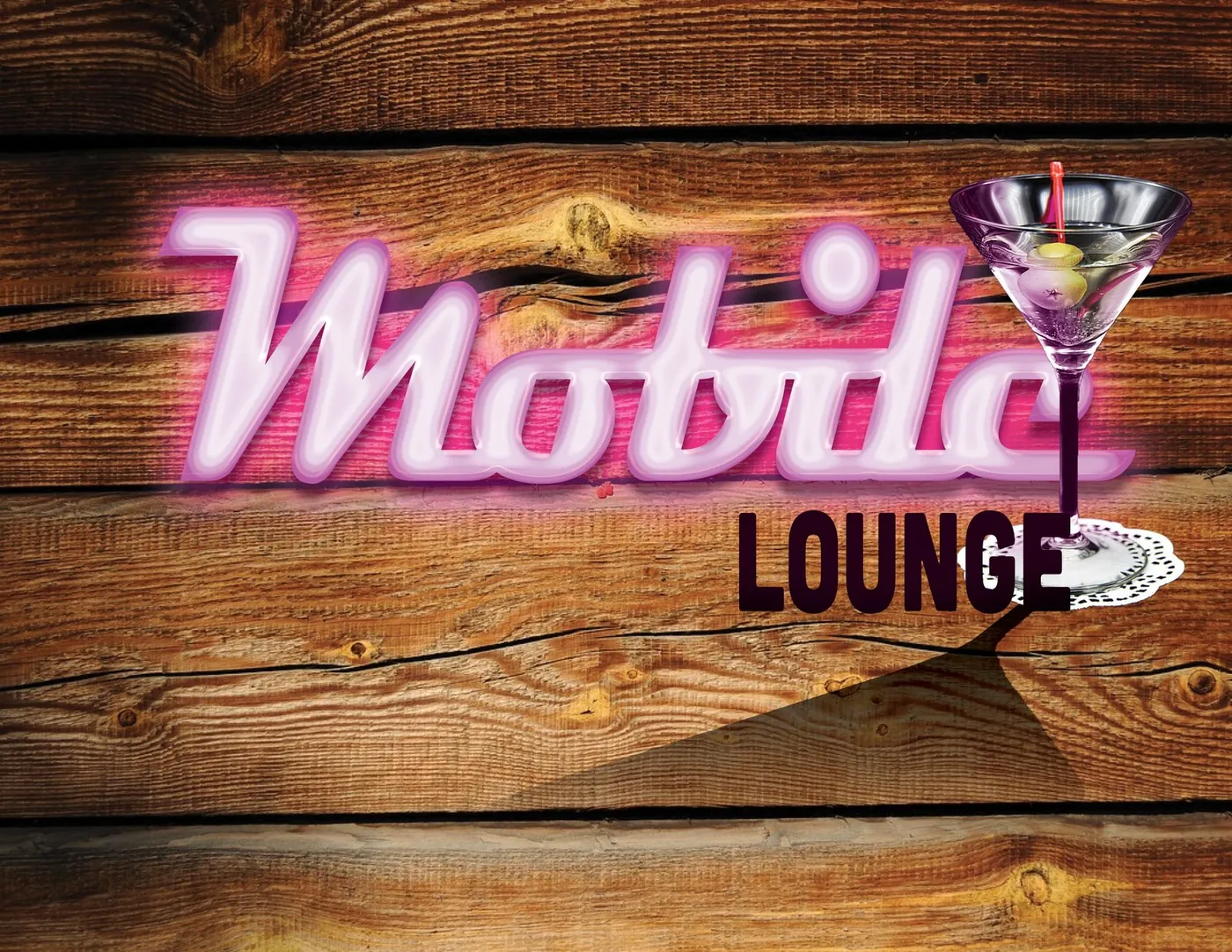 Mobile Lounge Neon: Neon-glow “Mobile” script and a martini glass on weathered wood; Photoshop layer-effects lesson (source photo supplied by the course).