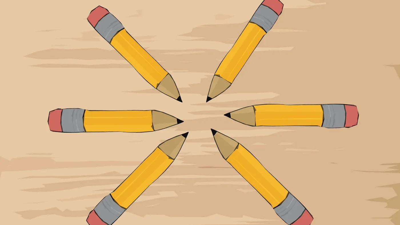 Pencil Burst: Six cartoon pencils on a wood-grain surface point to one empty center, a study in focal point.