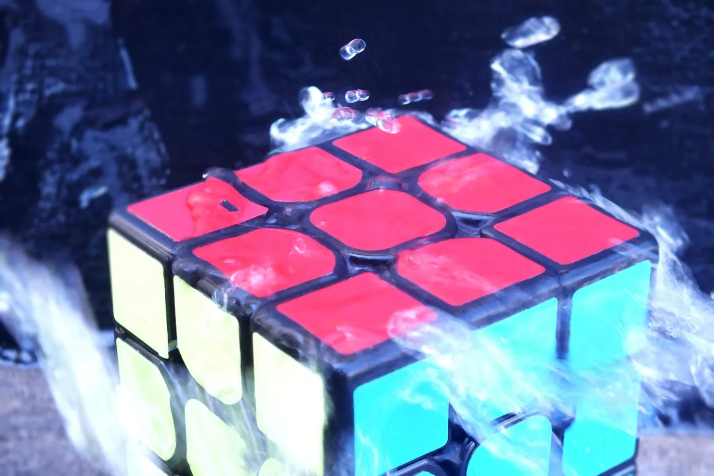 Rubik’s Cube Splash: Caught in a burst of water.