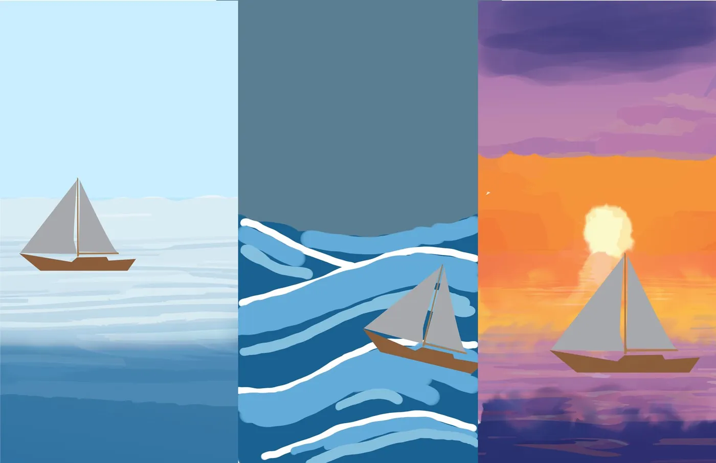 Sailboat in Three Moods: Color triptych: one sailboat moving through calm, storm and sunset.