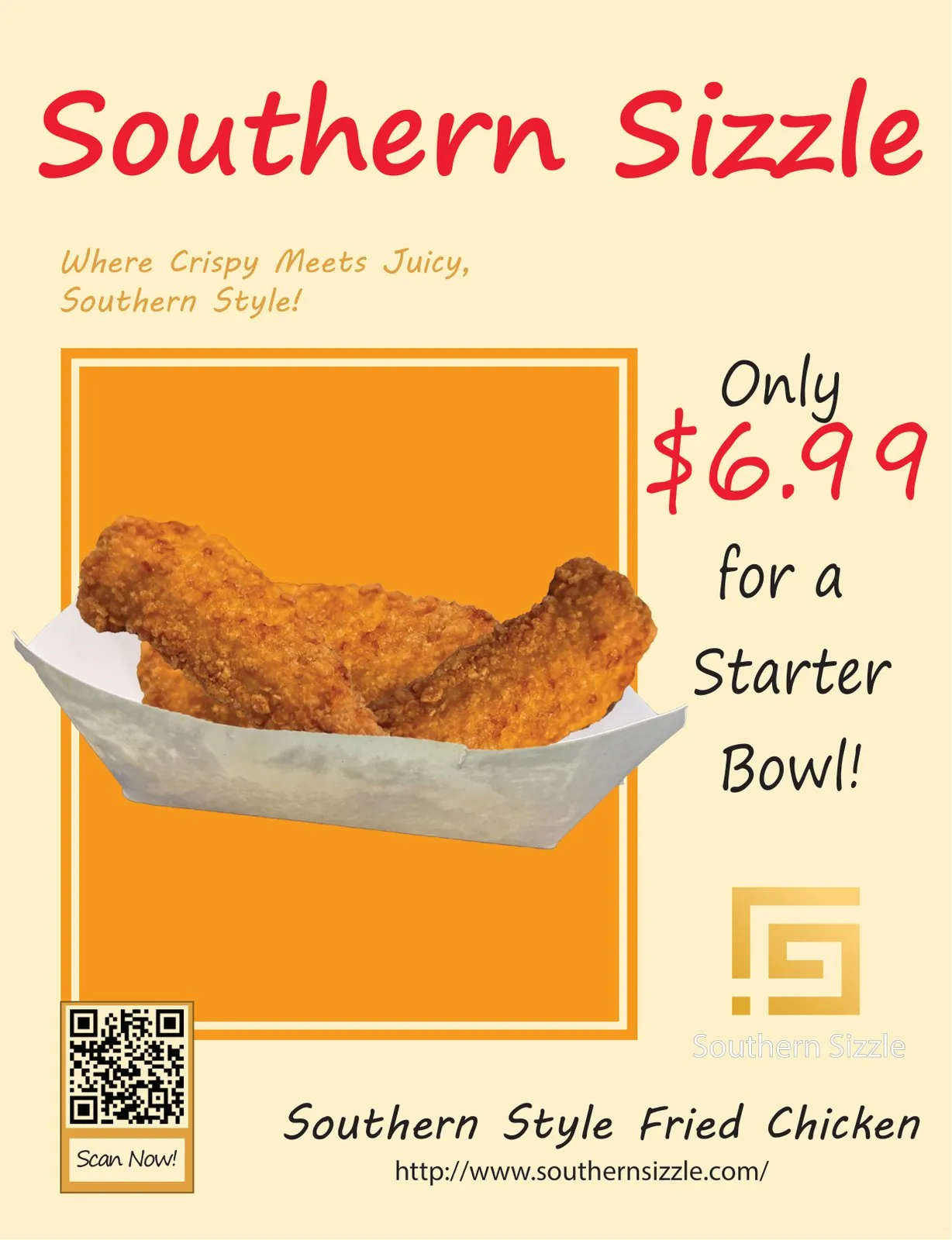 Southern Sizzle Magazine Ad: Full-page ad for an invented fried chicken brand; Illustrator.