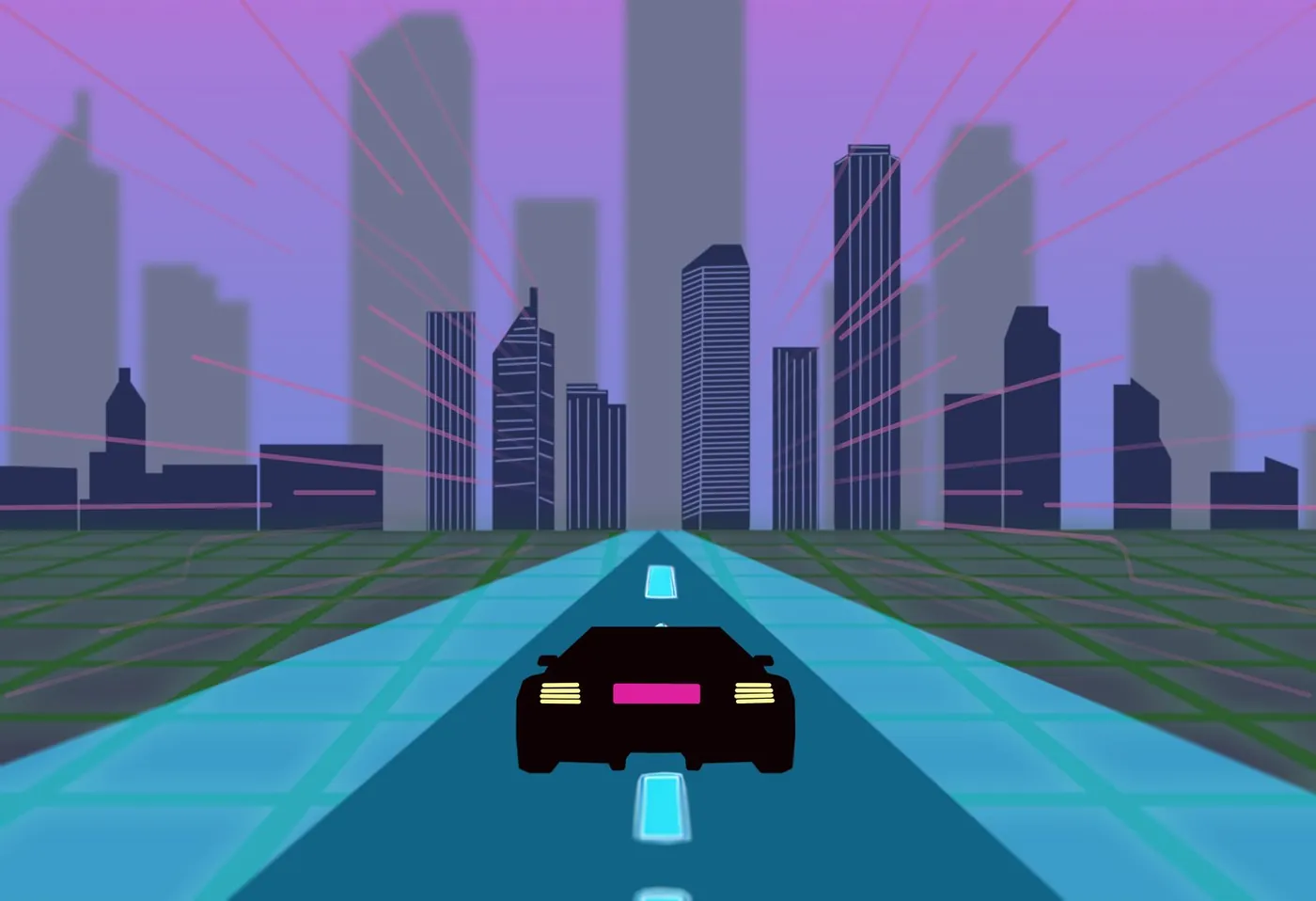 Synthwave Drive: Digital illustration of a car driving down a neon grid road toward a city skyline.