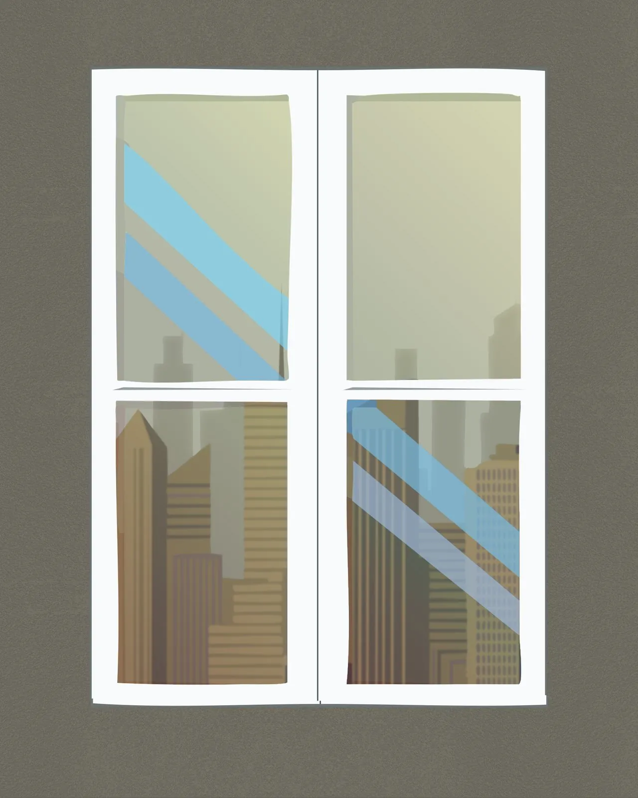 Window on the City: Window onto a hazy skyline; glare streaks and towers sit unevenly across the panes, a study in asymmetrical balance.