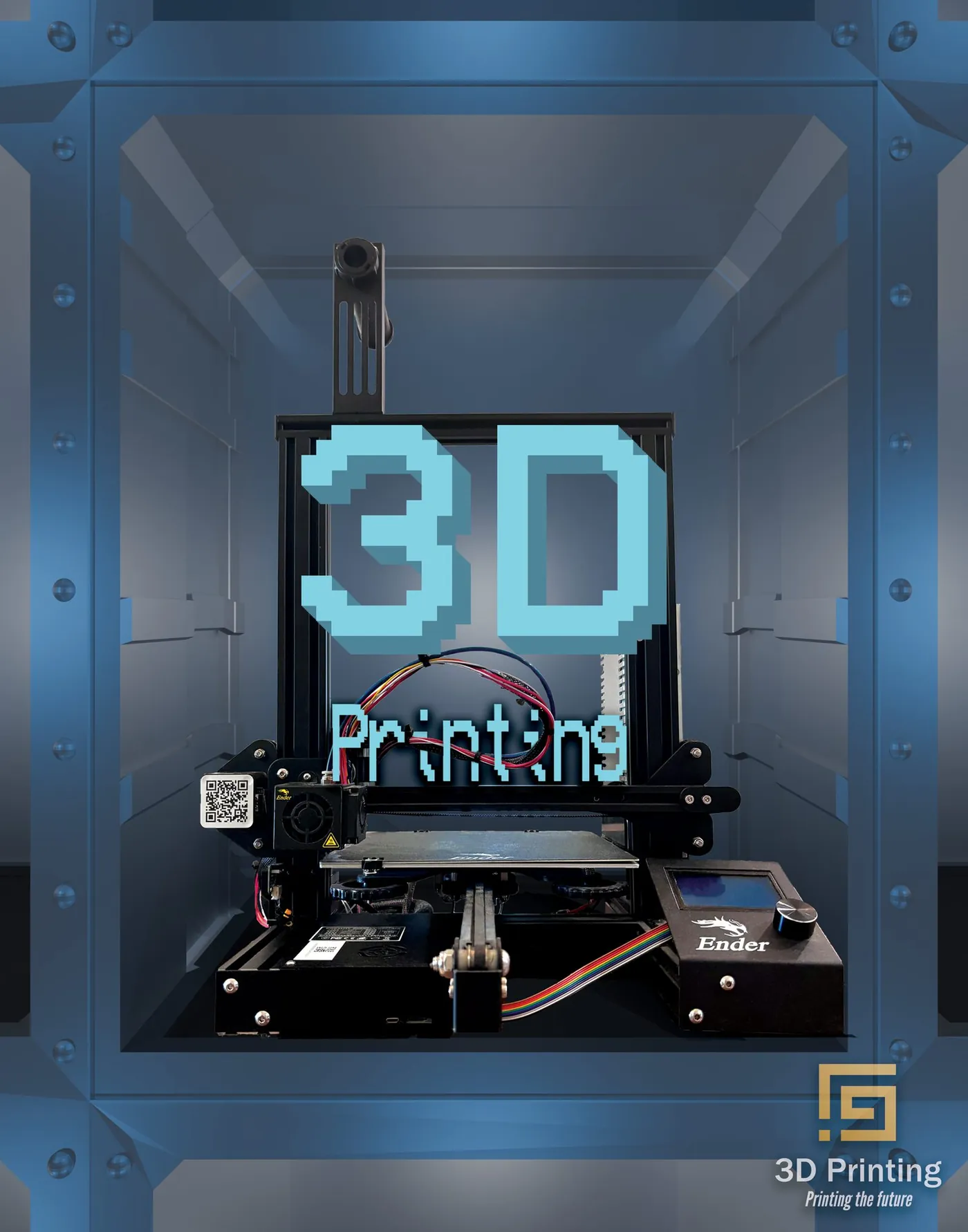 Pixel-built 3D Printing headline glowing over a photo of a 3D printer in its enclosure