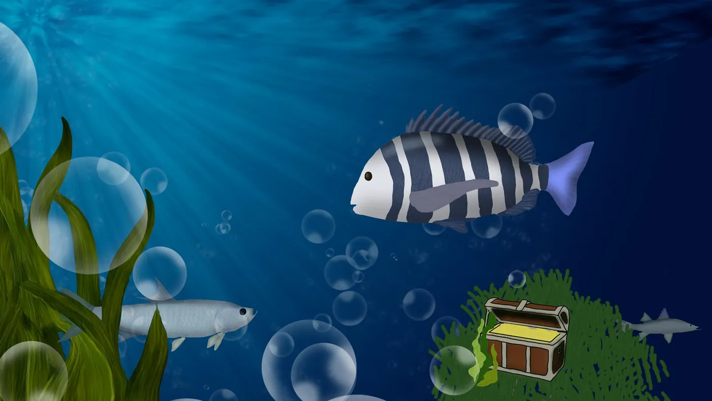 Digital painting of Florida fish, including a striped sheepshead, swimming over seagrass in blue water