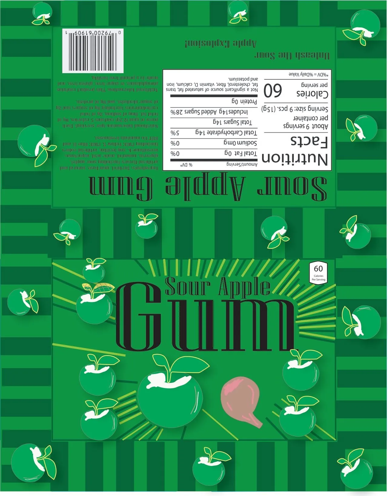 Flat gum wrapper: green stripes, illustrated apples, engraved-style Gum wordmark on the front and a nutrition facts panel with barcode on the back