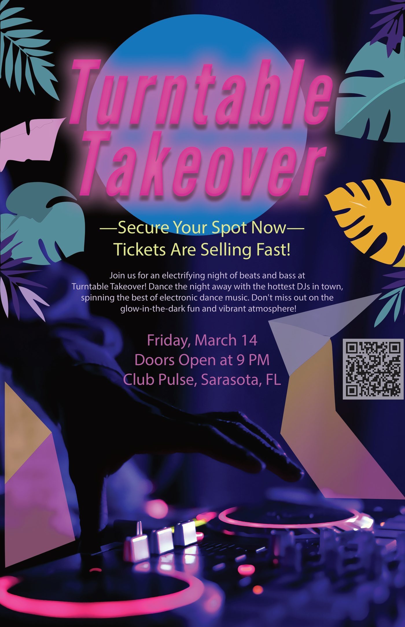Turntable Takeover neon DJ event poster by Brandon Warrell