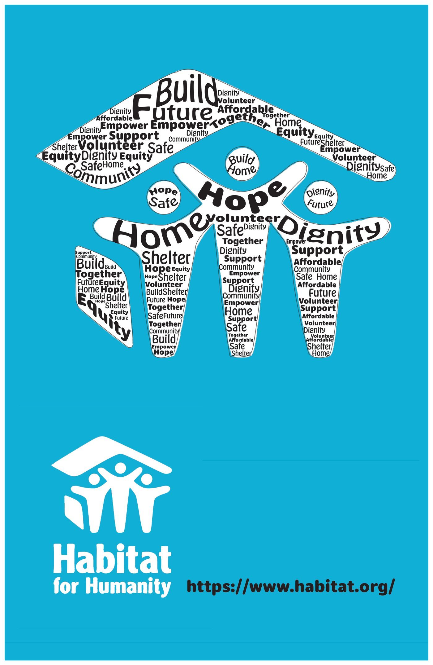 Roof and family shapes filled with words like build, hope, shelter and dignity, on cyan, with the Habitat for Humanity logo