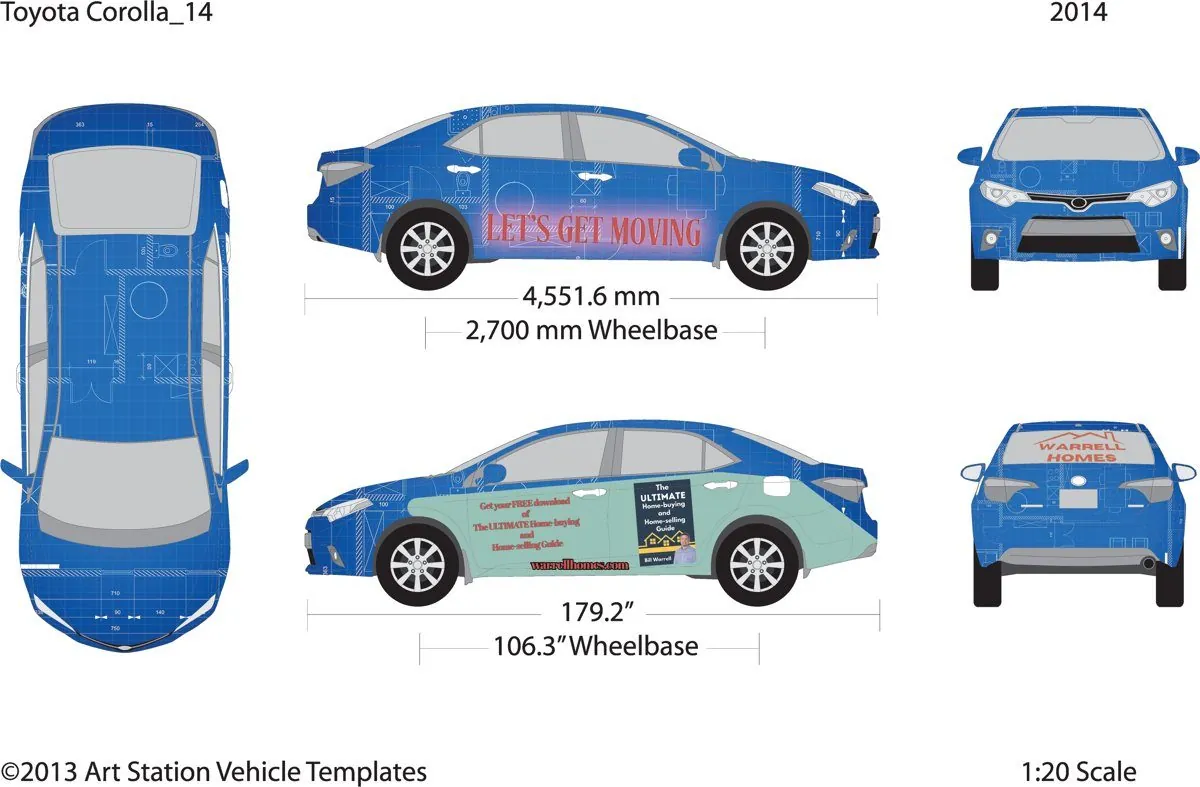 Final Warrell Homes wrap on a measured Toyota Corolla template, 1:20 scale, with a red Let’s Get Moving headline